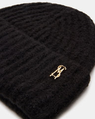 LOGO BEANIE Black Fuzzy RIbbed Knit Women's Beanie