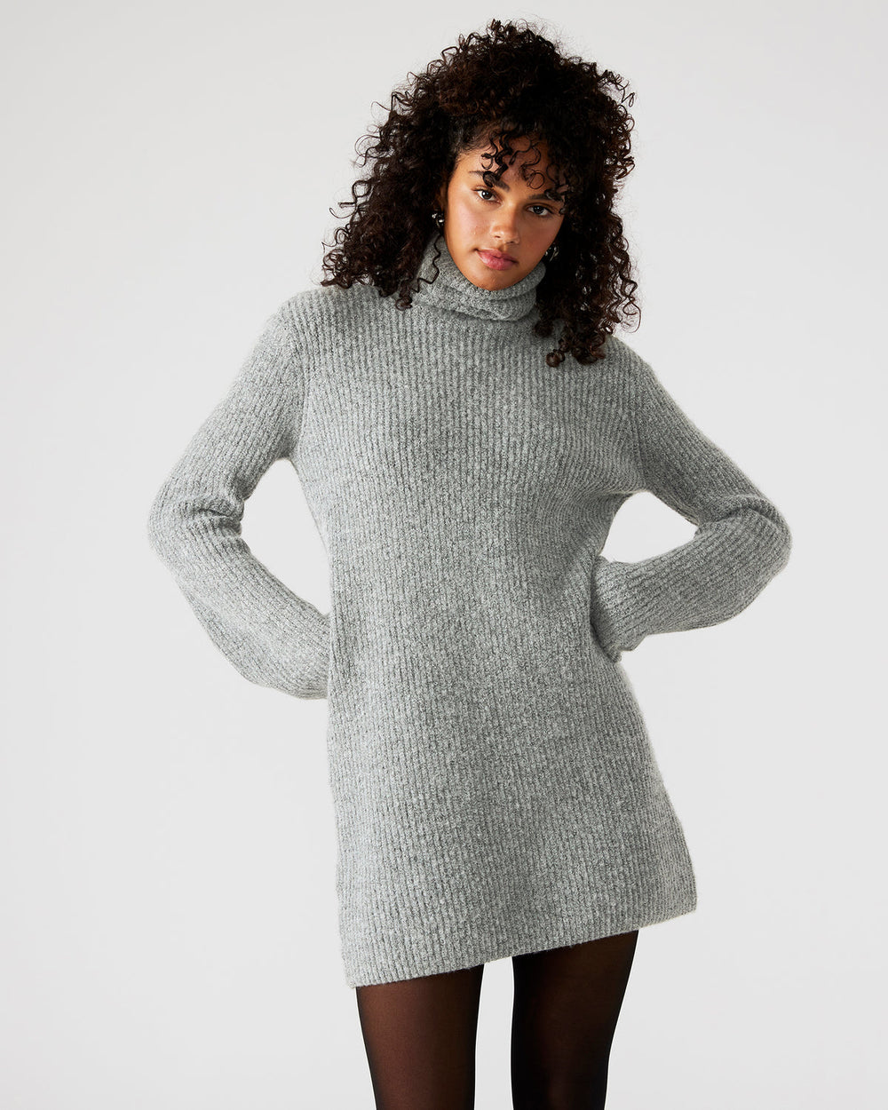 ABBIE Sweater Dress Grey | Mini Turtleneck Flared Sleeve Dress