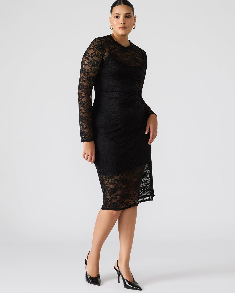 HAILEE Lace Black Long-Sleeved Mesh Pull-On Mock Neck Midi Women's Dress