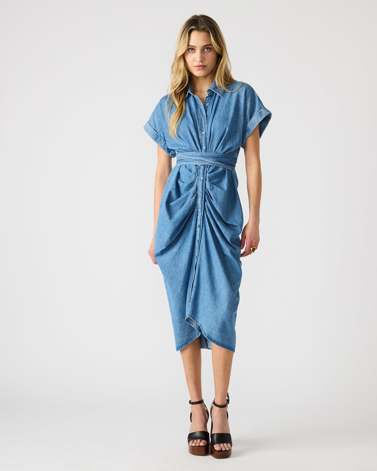 TORI Denim Button Up Collared Midi Dress