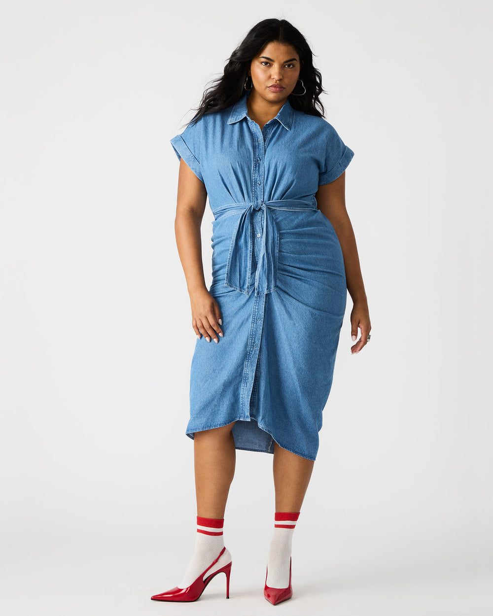 TORI Denim Button Up Collared Midi Dress