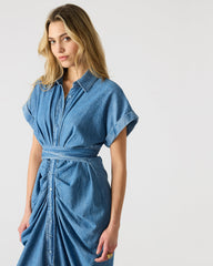 TORI Denim Button Up Collared Midi Dress