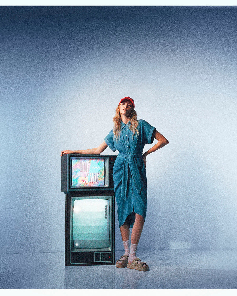 TORI Denim Button Up Collared Midi Dress