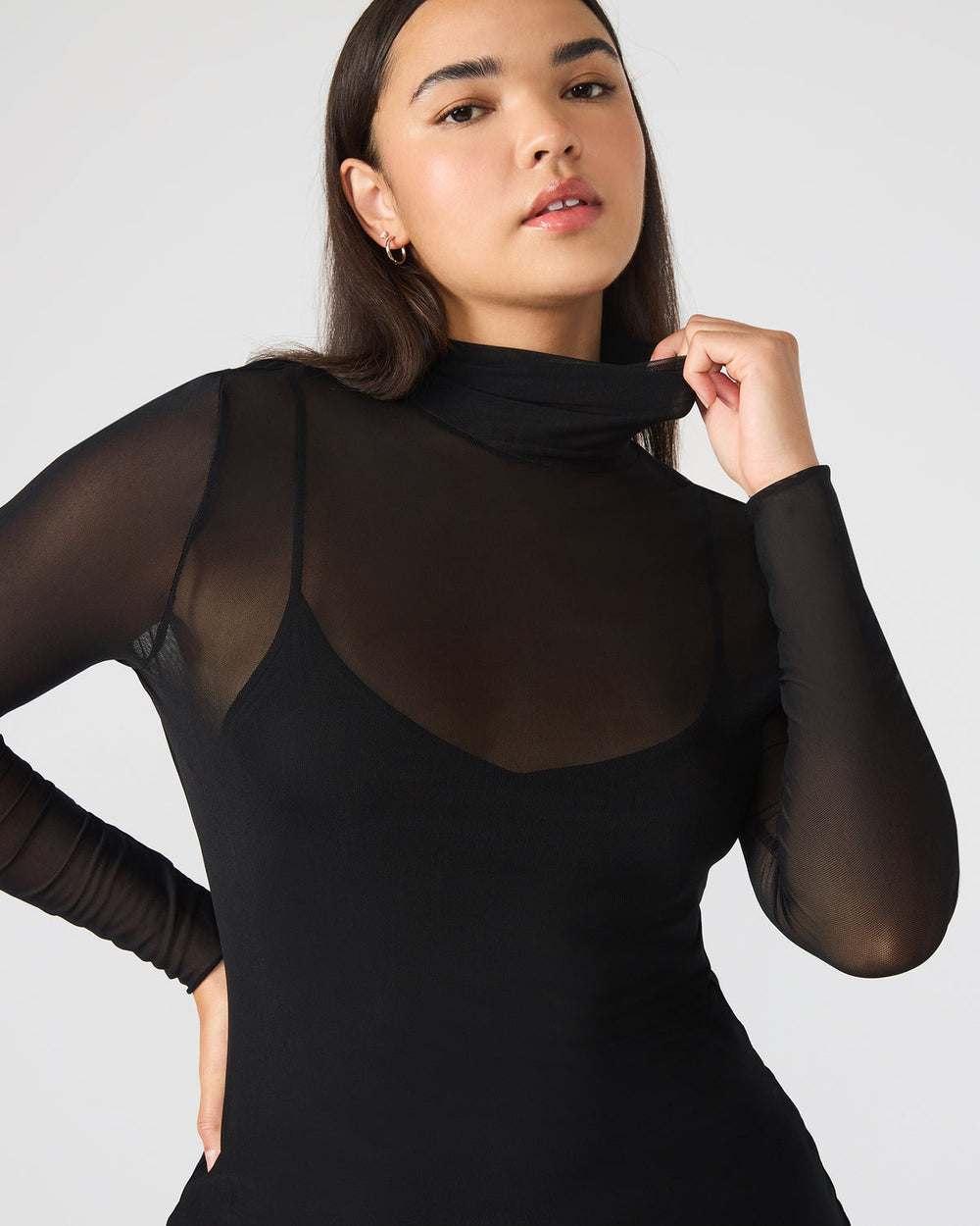 HAILEE Black Long-Sleeved Mesh Pull-On Mock Neck Midi Women's Dress