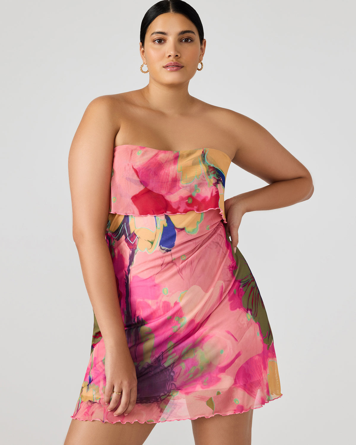 BRYAR Multi Strapless Flowy Mesh Overlay Floral Print Mini Women's Dress