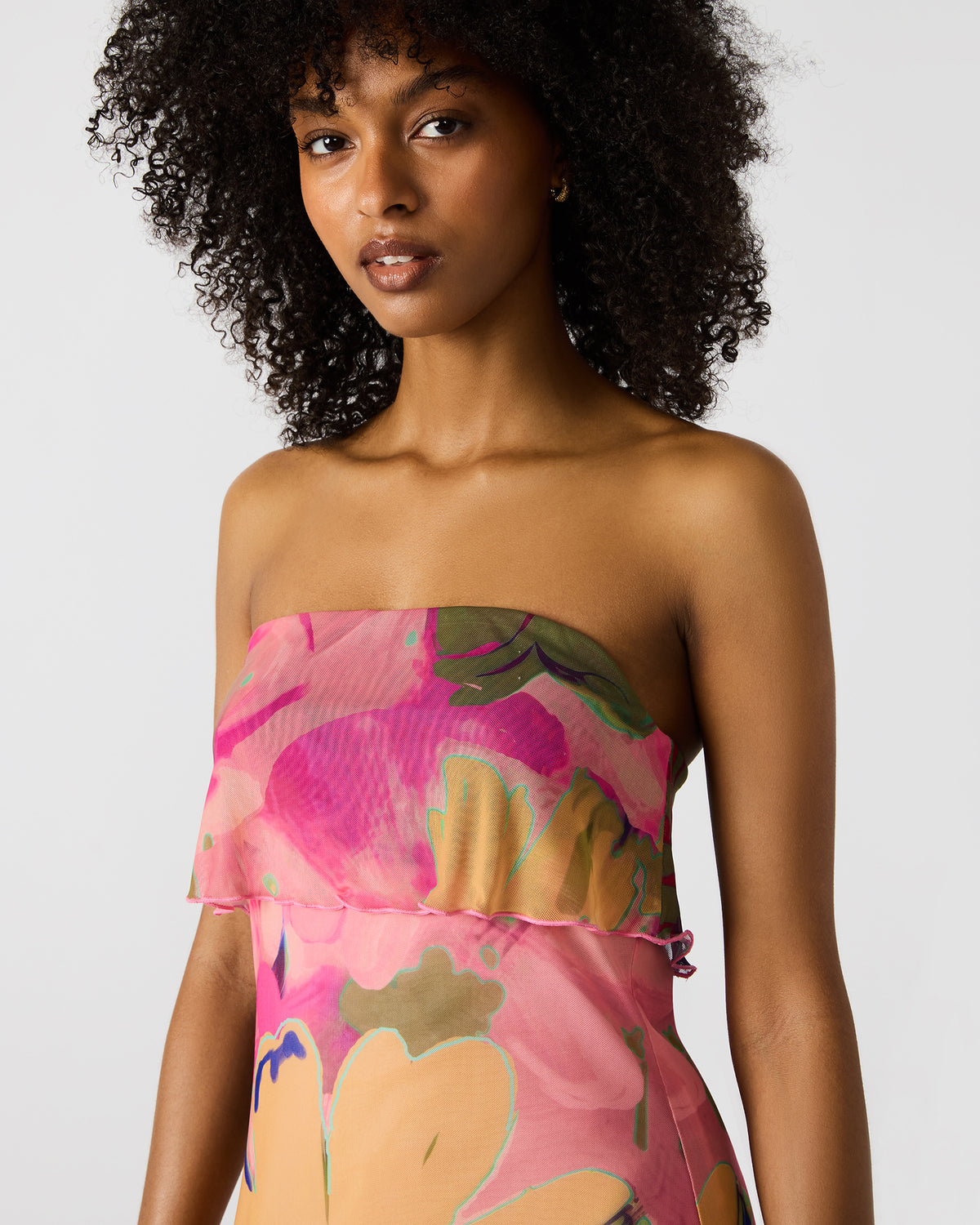 BRYAR Multi Strapless Flowy Mesh Overlay Floral Print Mini Women's Dress