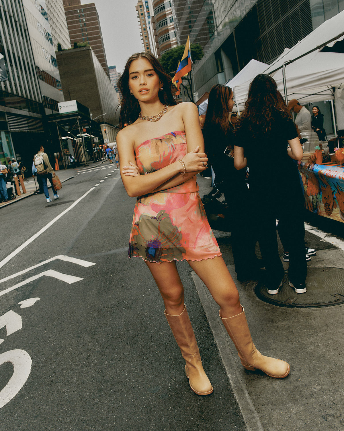 BRYAR Multi Strapless Flowy Mesh Overlay Floral Print Mini Women's Dress