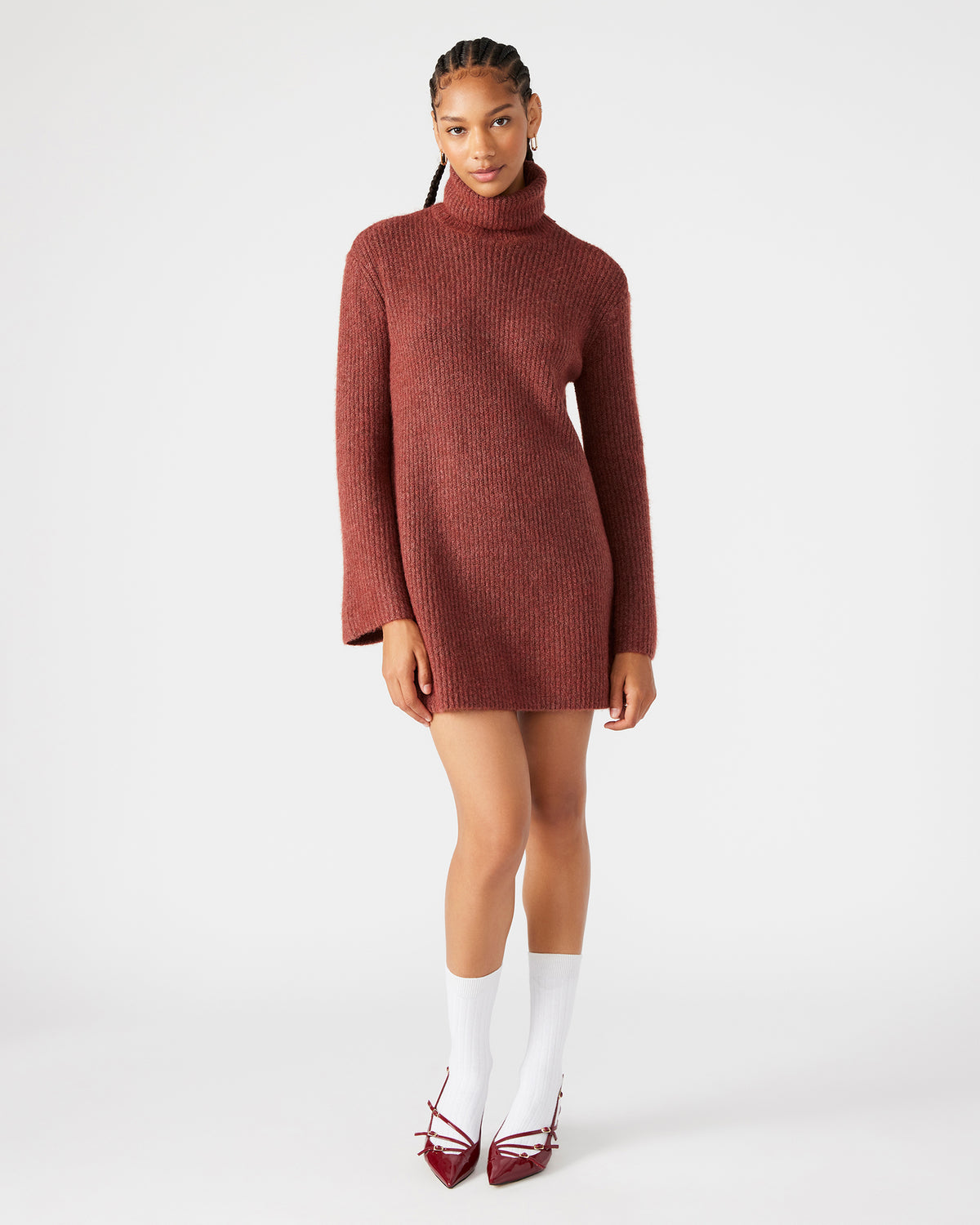 ABBIE Sweater Dress Rust | Mini Turtleneck Flared Sleeve Dress