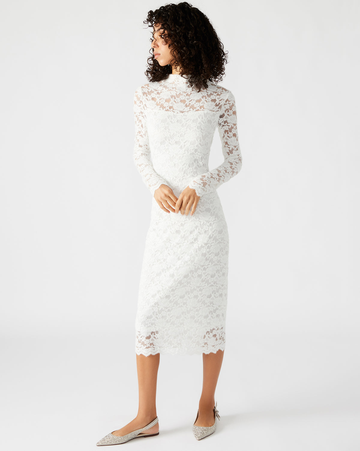 VIVIENNE Ivory Lace Women's Mock Neck Midi Dress