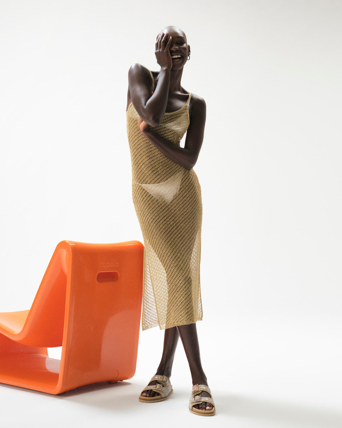 ANISHA Dress Gold | Women's Mesh Metallic Midi Dress