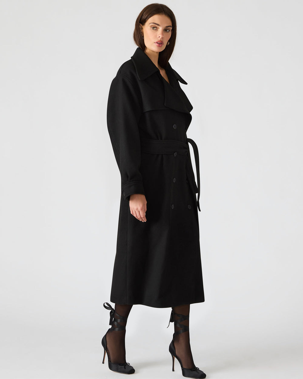 ENORA Black Long-Sleeved Button-Up Collared Women's Trench Coat