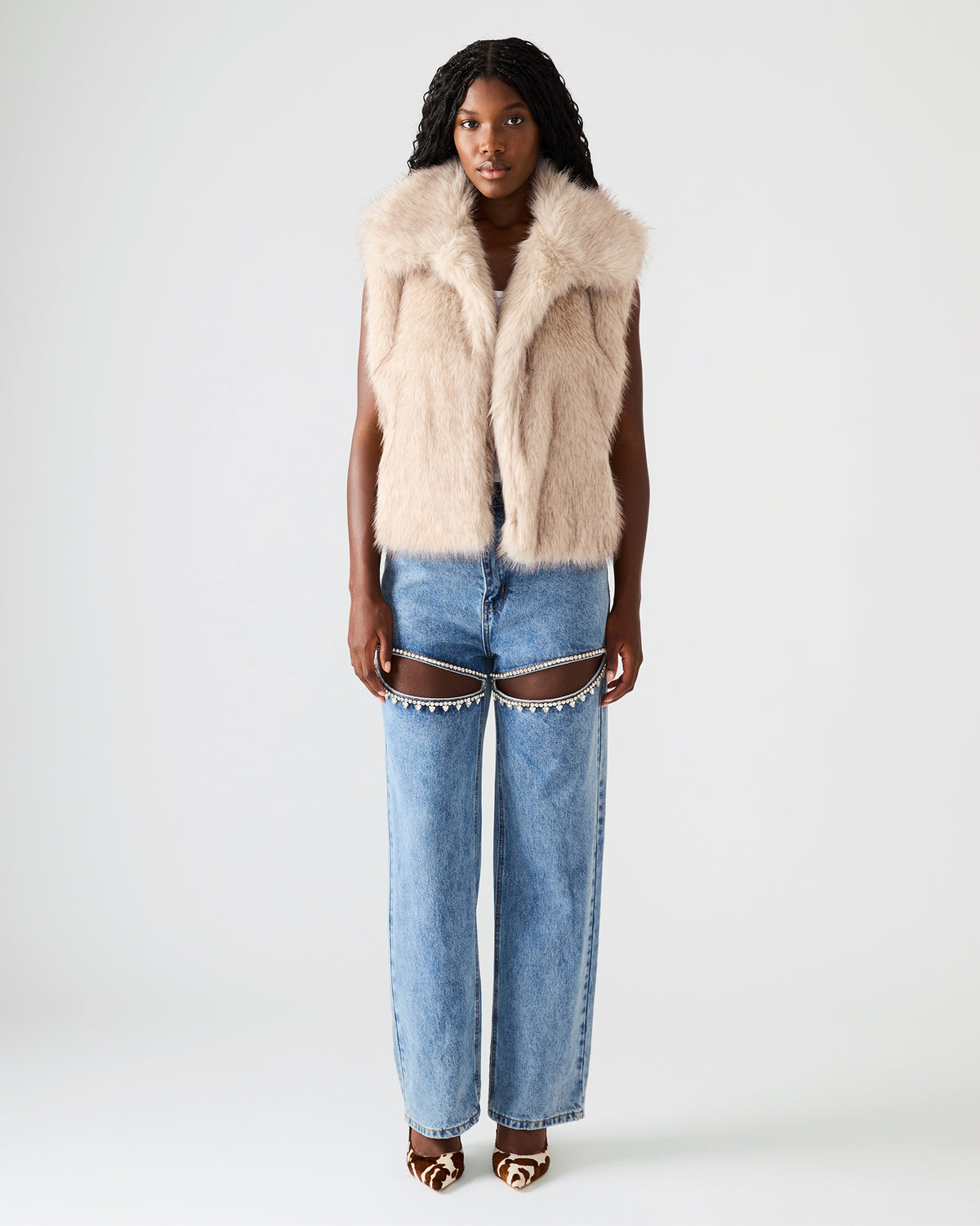 SAFIRA Natural Faux Fur Sleeveless Collared Women's Vest