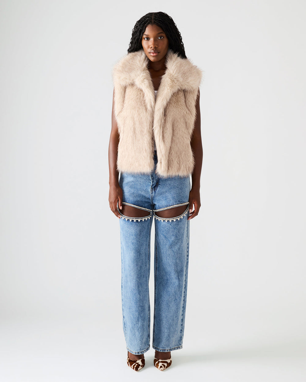 SAFIRA Natural Faux Fur Sleeveless Collared Women's Vest