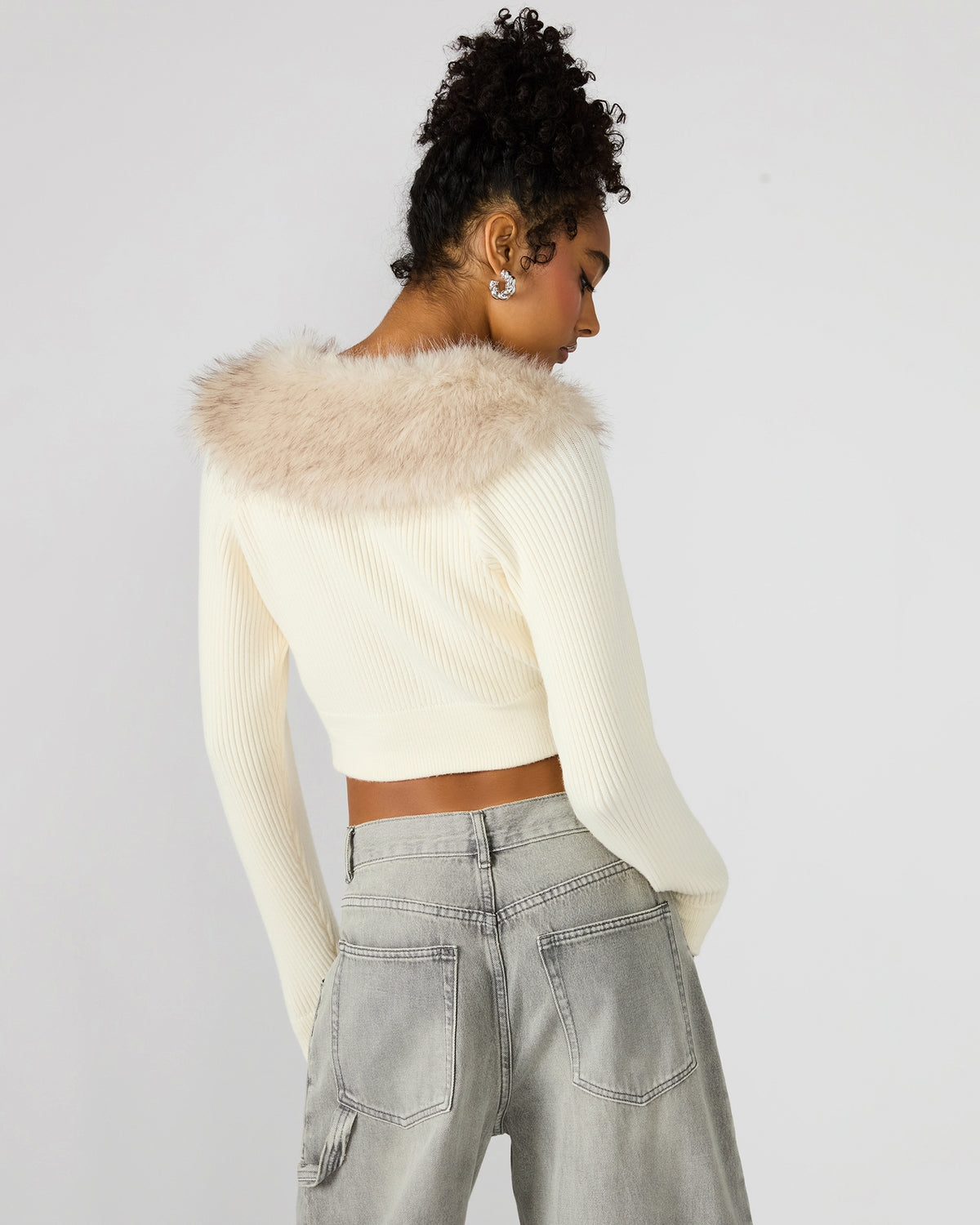 LYSIA Cream Long-Sleeved Faux Fur Hood Zip-Up Ribbed Women's Sweater Jacket