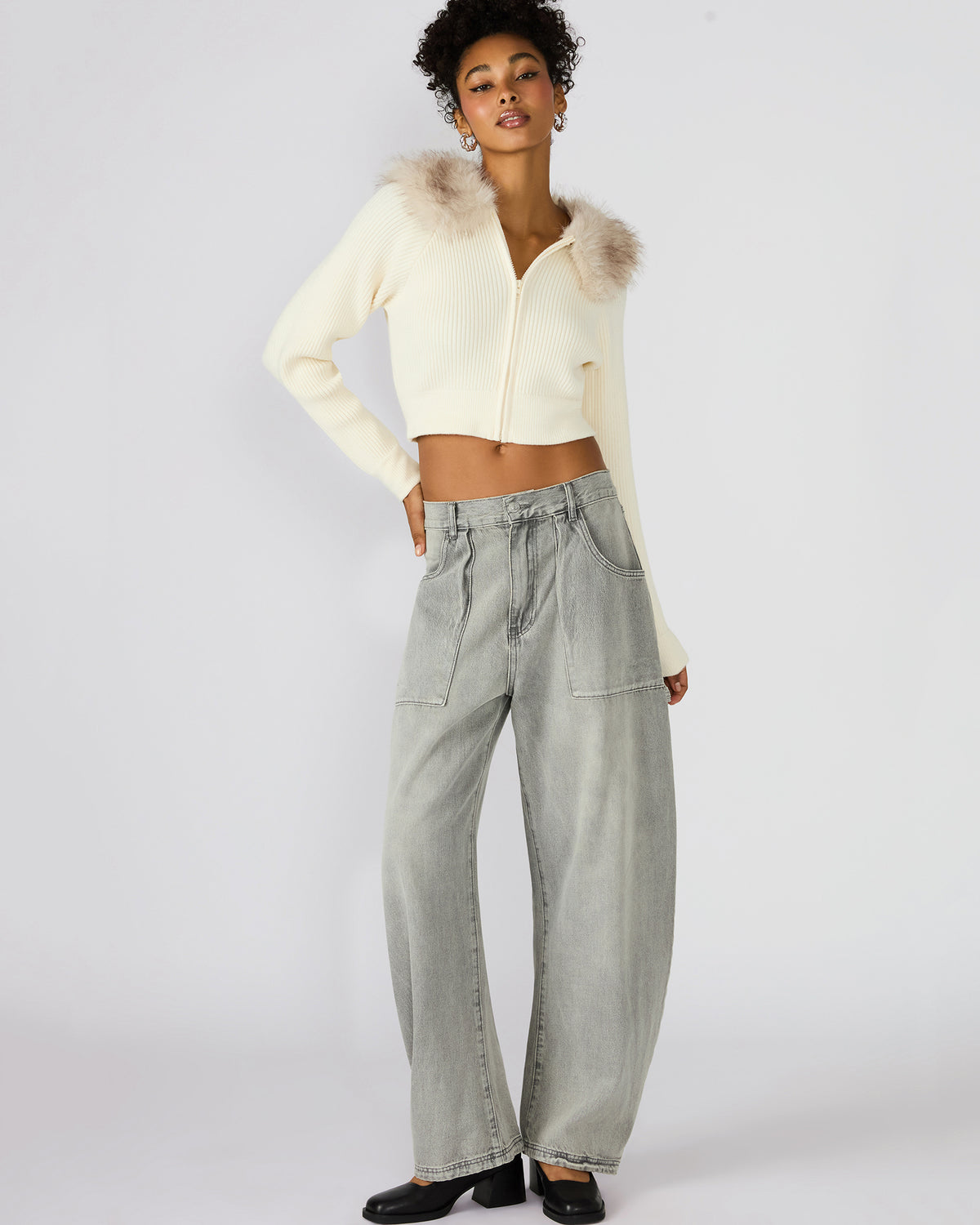 LYSIA Cream Long-Sleeved Faux Fur Hood Zip-Up Ribbed Women's Sweater Jacket