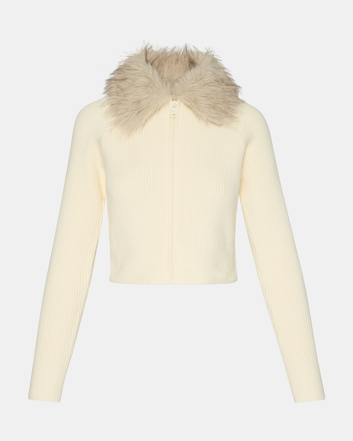 LYSIA Cream Long-Sleeved Faux Fur Hood Zip-Up Ribbed Women's Sweater Jacket