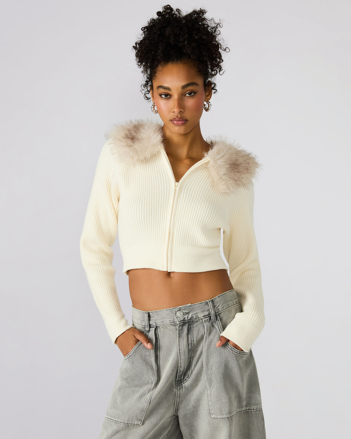 LYSIA Cream Long-Sleeved Faux Fur Hood Zip-Up Ribbed Women's Sweater Jacket