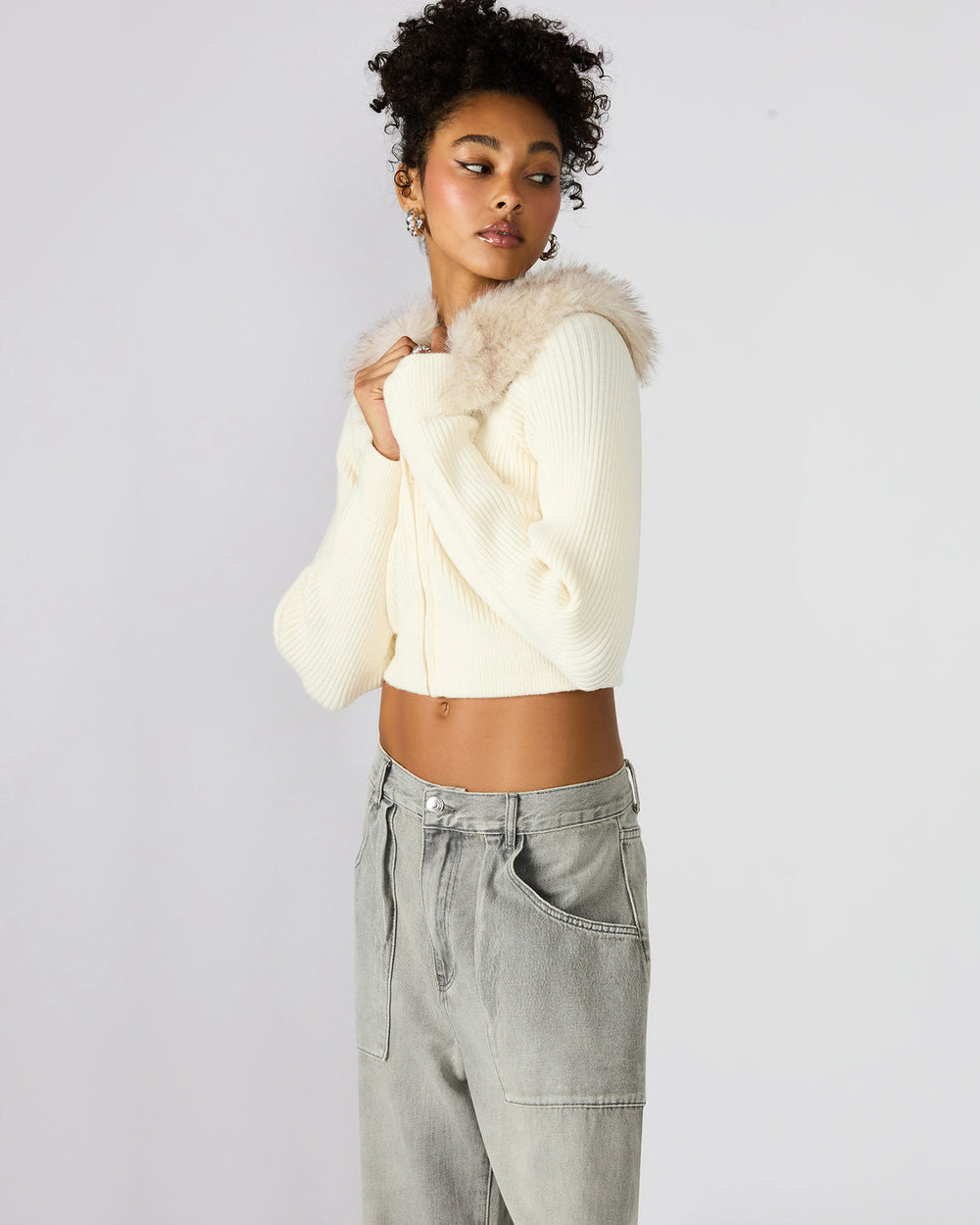 LYSIA Cream Long-Sleeved Faux Fur Hood Zip-Up Ribbed Women's Sweater Jacket