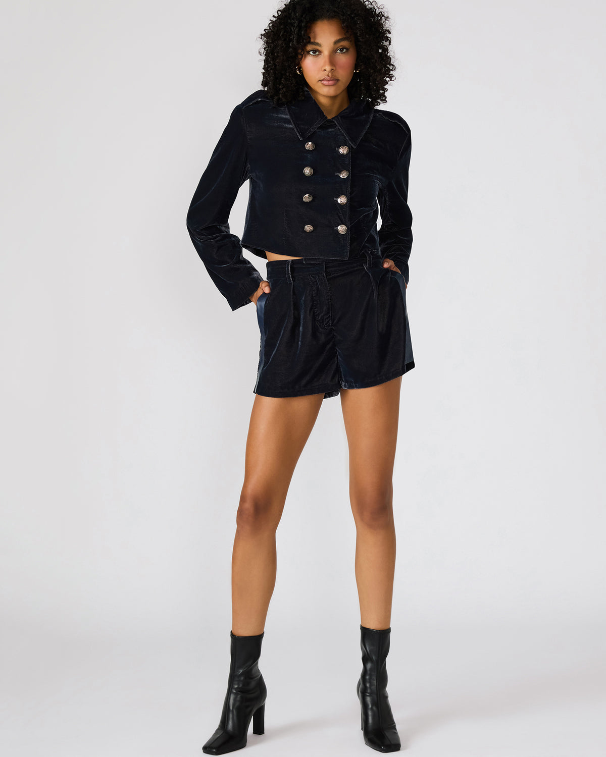 TONIA Indigo Haze Velvet Button-Up Long-Sleeved Women's Blazer Jacket