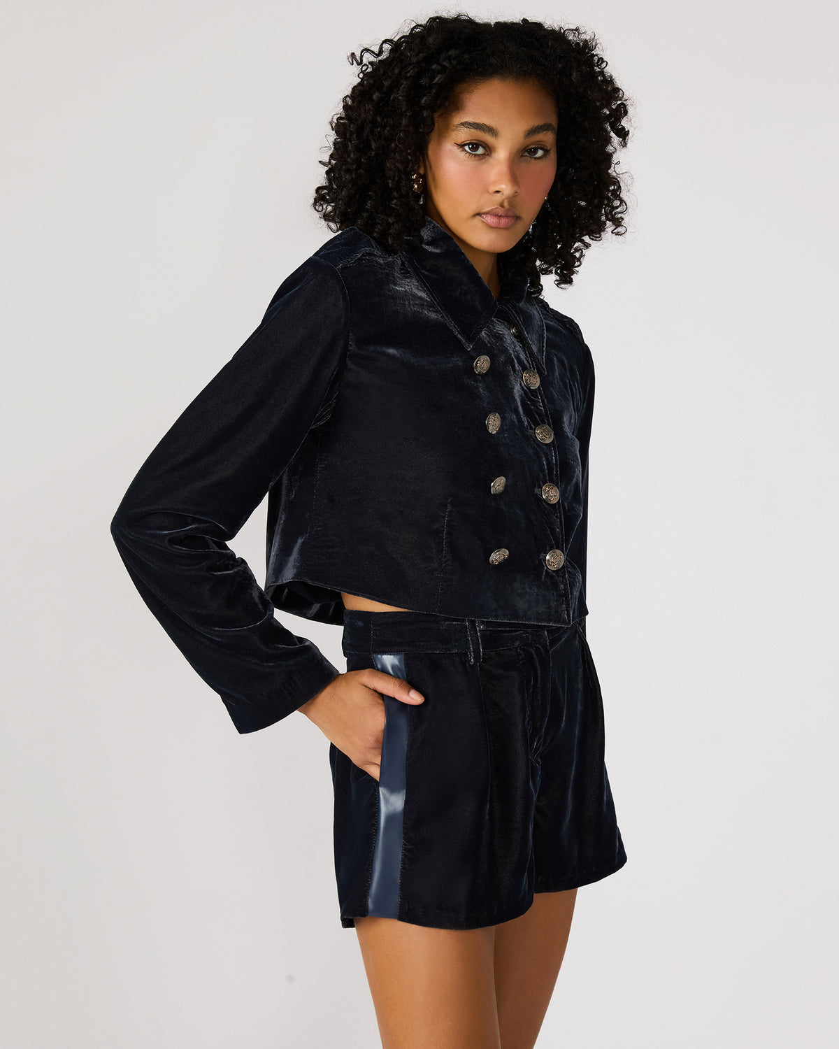 TONIA Indigo Haze Velvet Button-Up Long-Sleeved Women's Blazer Jacket