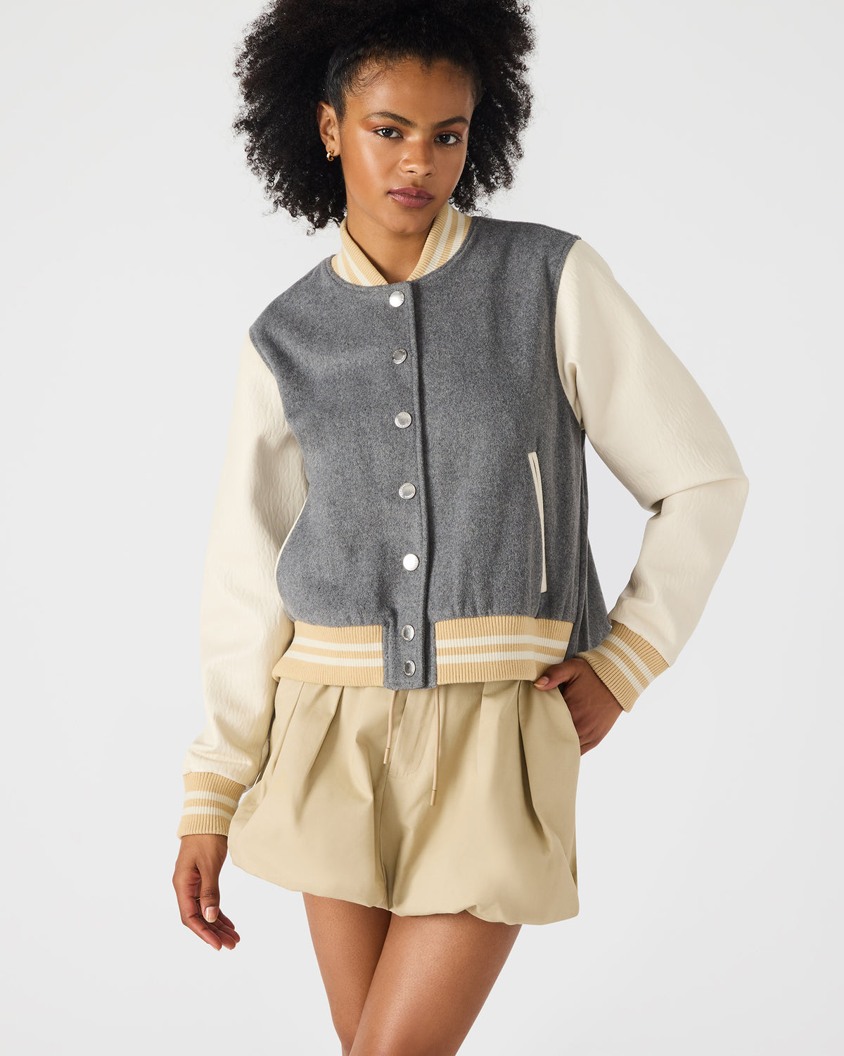 ROONEY Heather Grey Long-Sleeved Varsity Bomber Women's Jacket