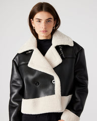 ATHEN Black Women's Faux Leather Shearling Trim Jacket