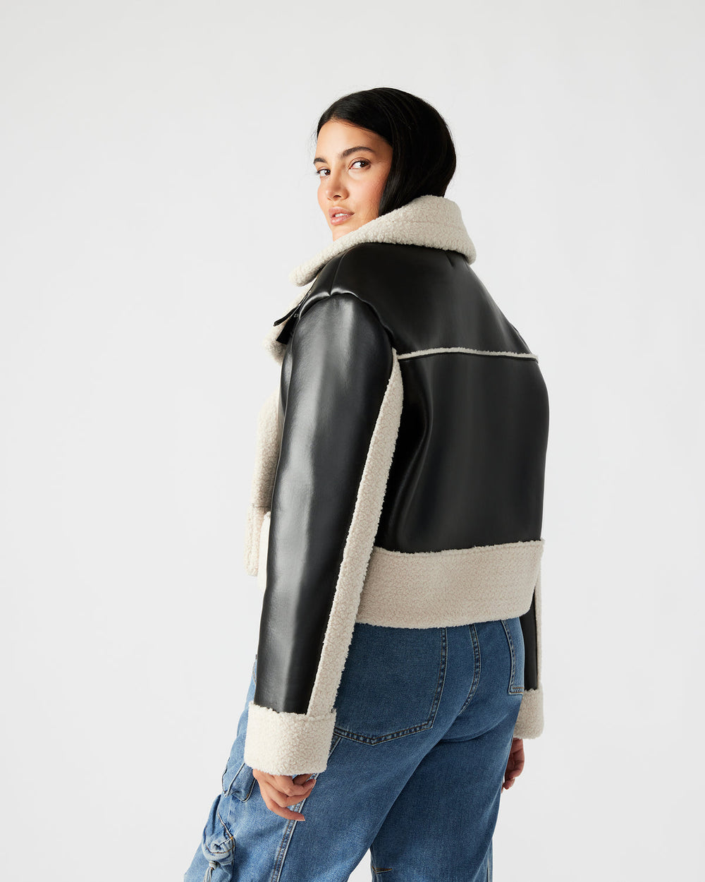 ATHEN Black Women's Faux Leather Shearling Trim Jacket