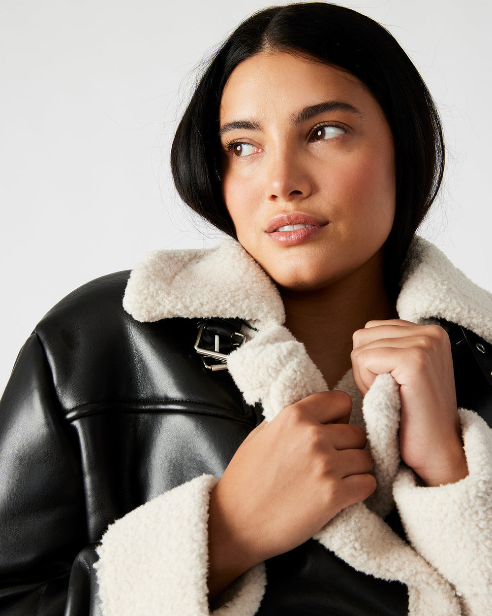 ATHEN Black Women's Faux Leather Shearling Trim Jacket