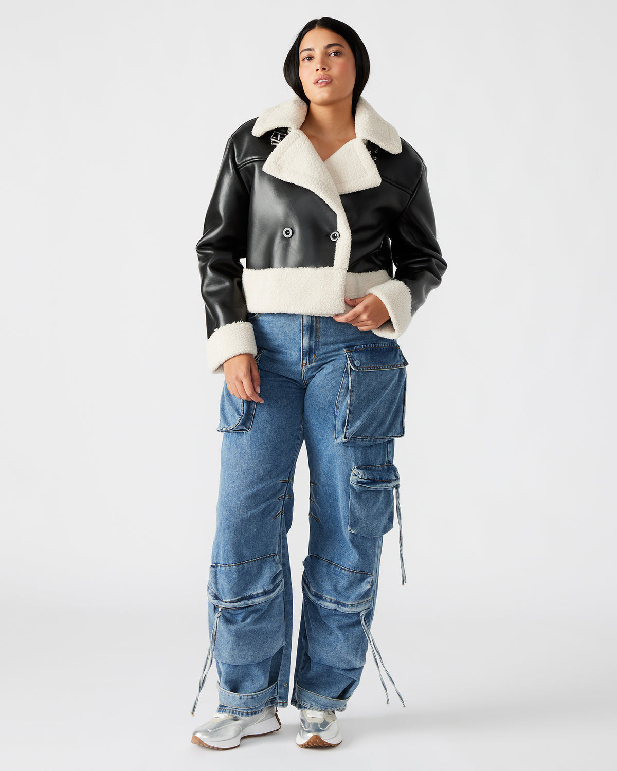 ATHEN Black Women's Faux Leather Shearling Trim Jacket