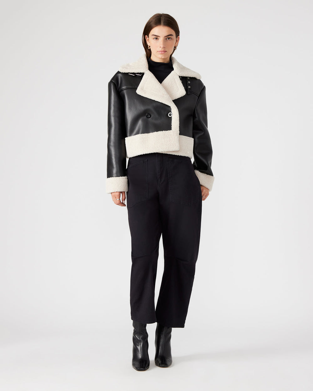 ATHEN Black Women's Faux Leather Shearling Trim Jacket