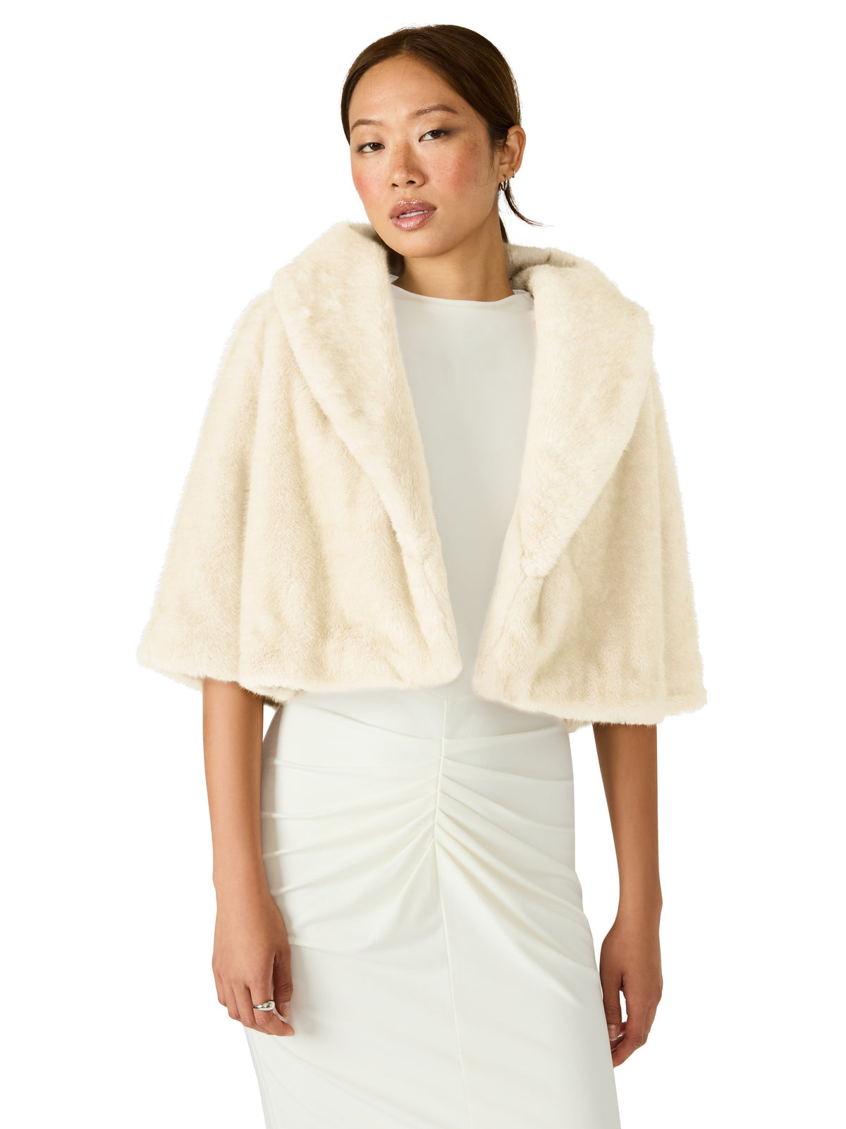 HESTIA Cream Faux Fur Cropped Collared Neckline Women's Coat