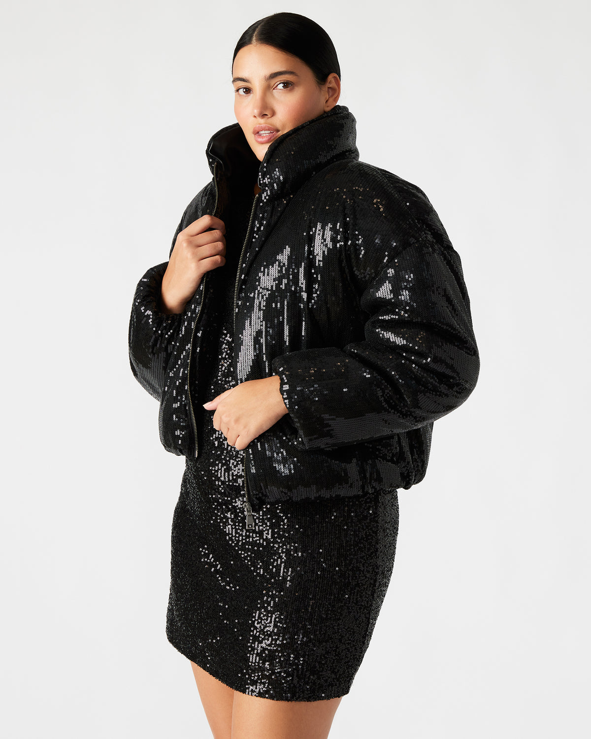 STRATTO Jacket Black | Women's Sequin Long-Sleeved Puffer Jacket