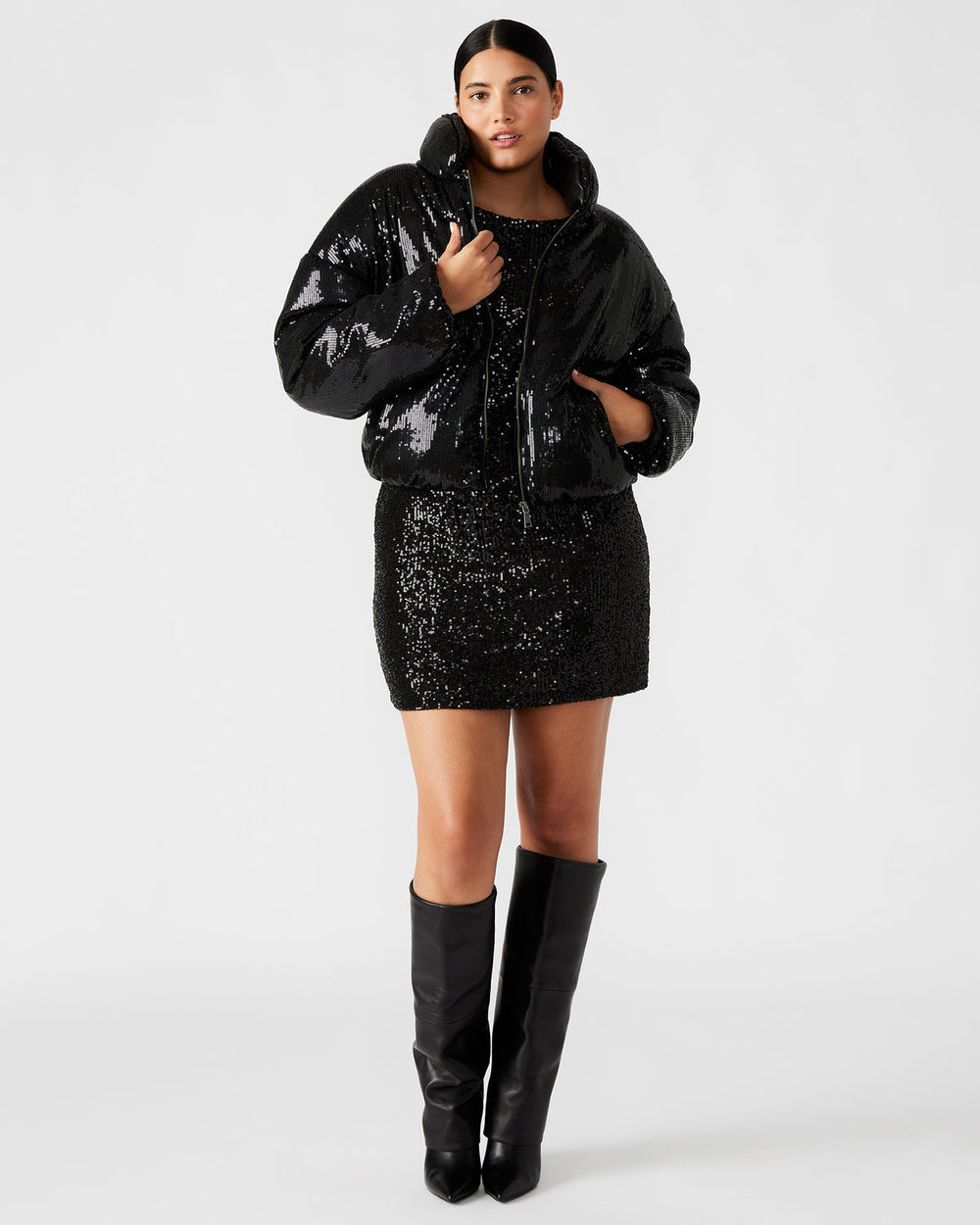 STRATTO Jacket Black | Women's Sequin Long-Sleeved Puffer Jacket