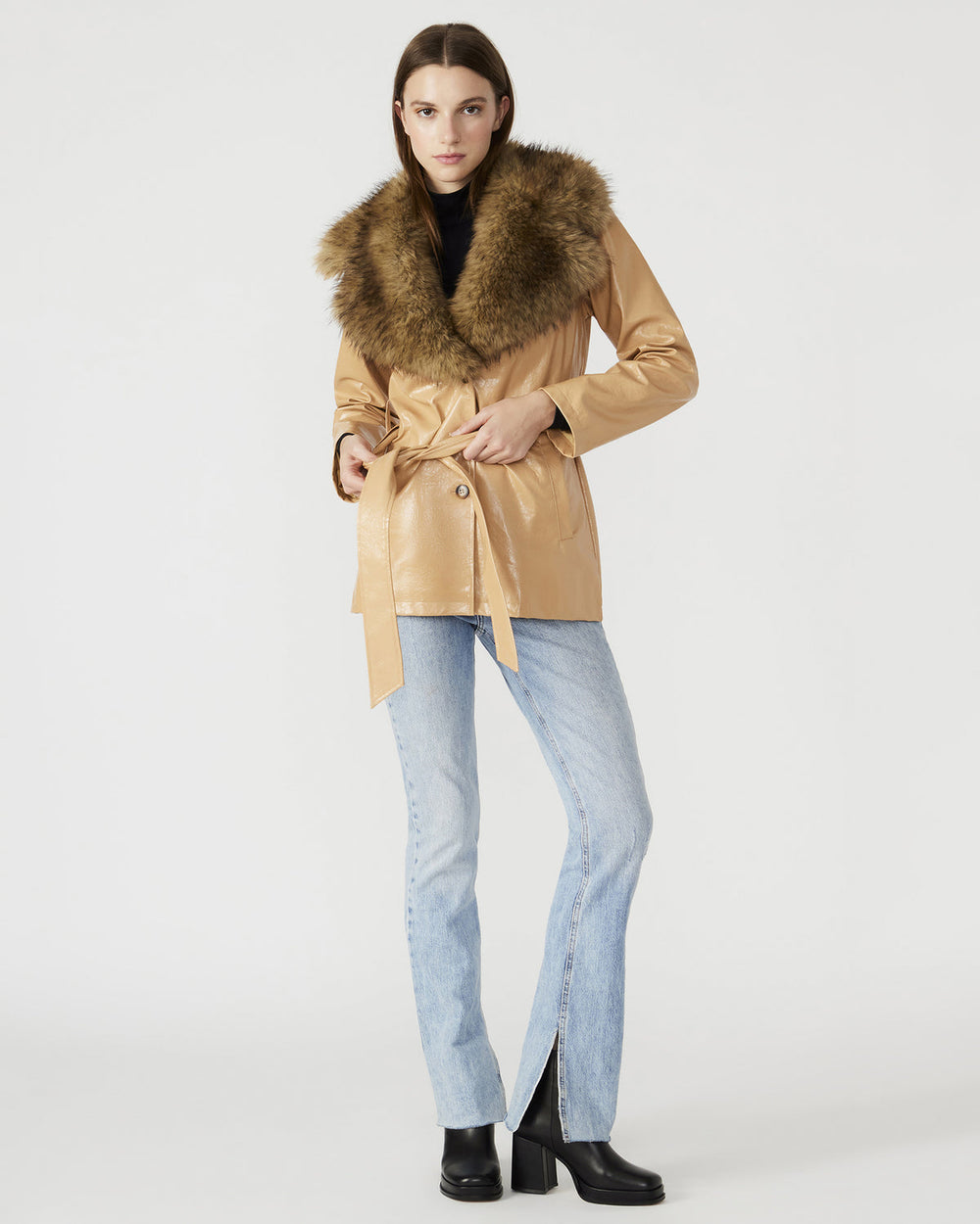 BOWERY Coat Tan | Women's Faux Leather Button-Up Coat