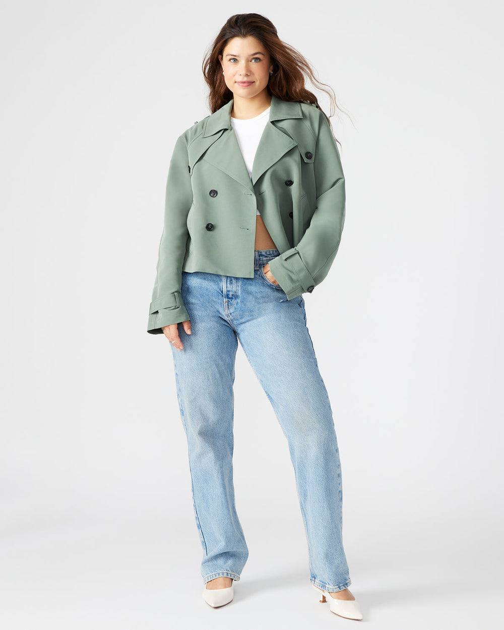 SIRUS Light Green Women's Cropped Denim Trench Coat