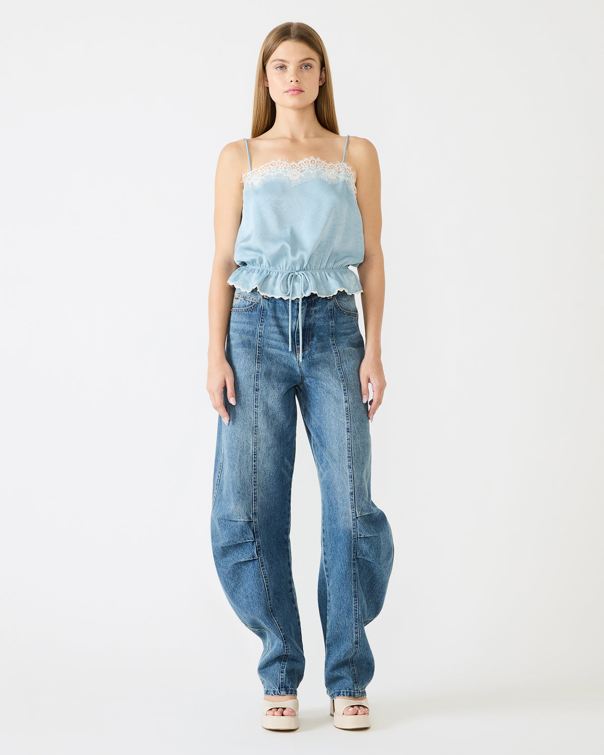 ROAN Dusty Blue Sleeveless Lace Trime Cinched Waist Women's Top
