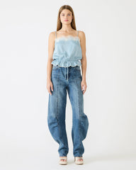 ROAN Dusty Blue Sleeveless Lace Trime Cinched Waist Women's Top