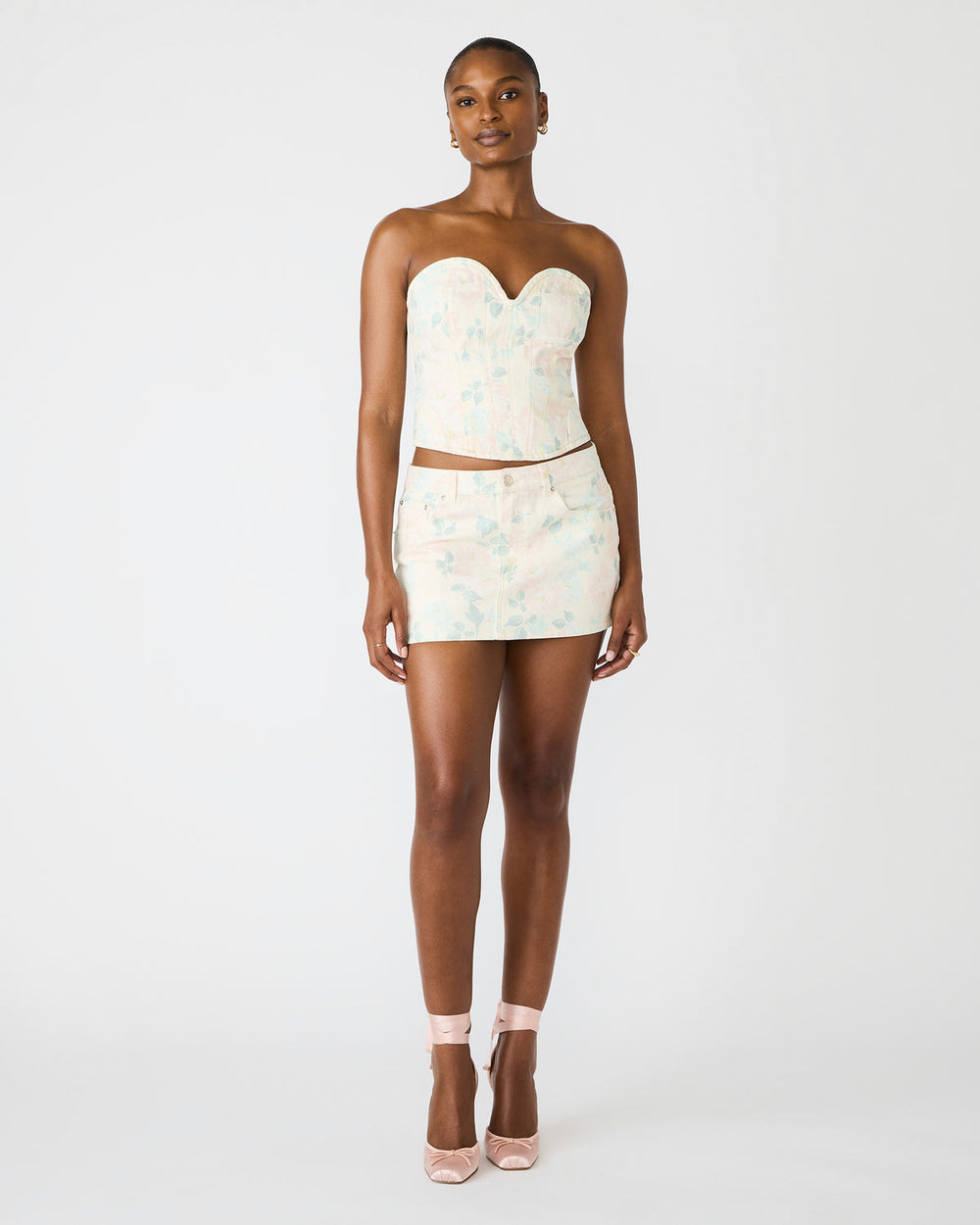 ROSELIA Peach Beige Floral Print Denim Strapless Corset Women's Top