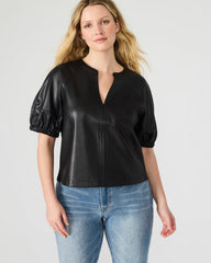 ROXANNE Black Short-Sleeved Faux Leather Puff Sleeve Women's Top