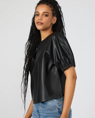 ROXANNE Black Short-Sleeved Faux Leather Puff Sleeve Women's Top
