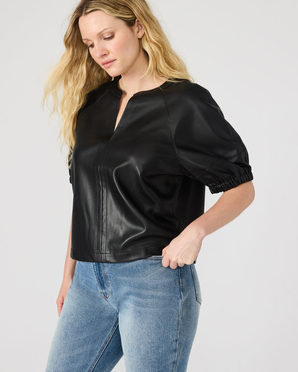 ROXANNE Black Short-Sleeved Faux Leather Puff Sleeve Women's Top