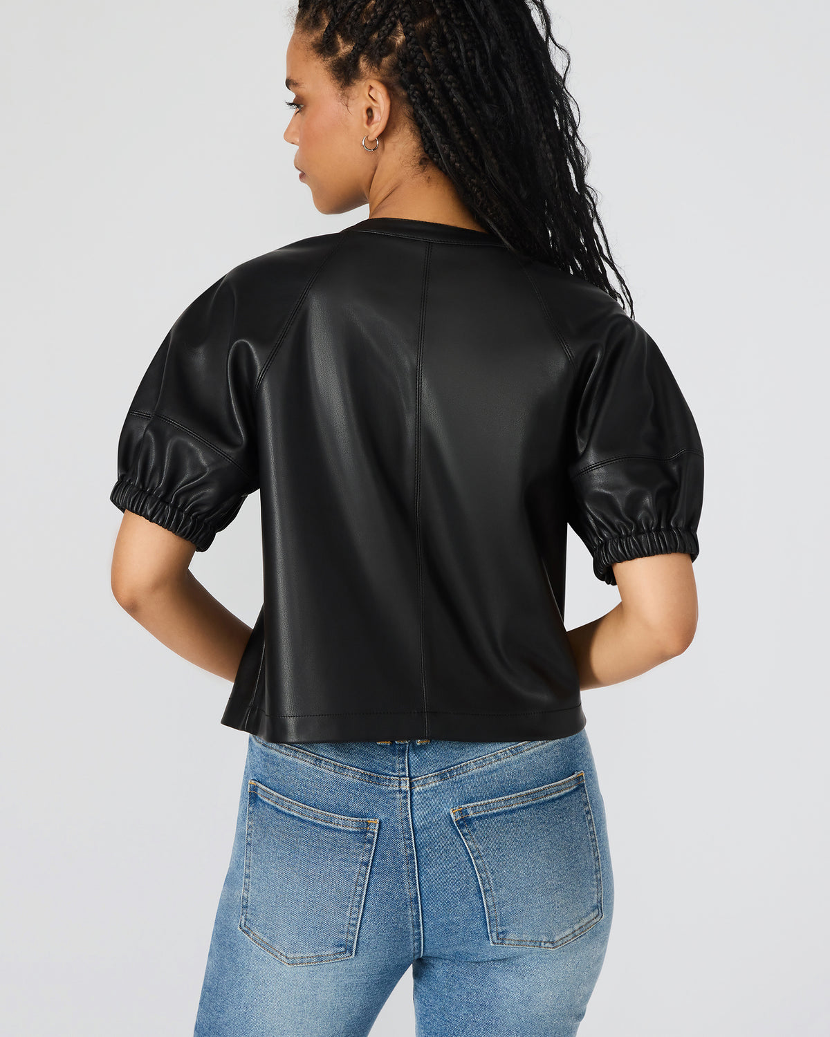 ROXANNE Black Short-Sleeved Faux Leather Puff Sleeve Women's Top