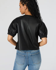 ROXANNE Black Short-Sleeved Faux Leather Puff Sleeve Women's Top