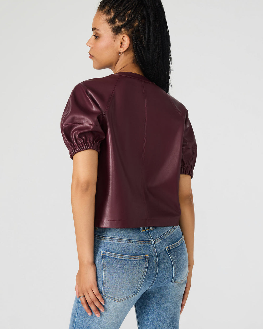 ROXANNE Wine Short-Sleeved Faux Leather Puff Sleeve Women's Top