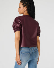 ROXANNE Wine Short-Sleeved Faux Leather Puff Sleeve Women's Top