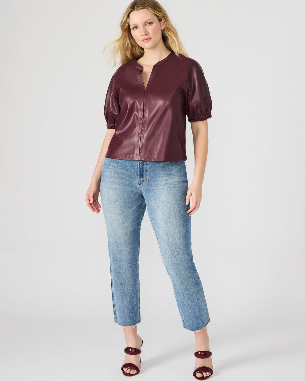 ROXANNE Wine Short-Sleeved Faux Leather Puff Sleeve Women's Top