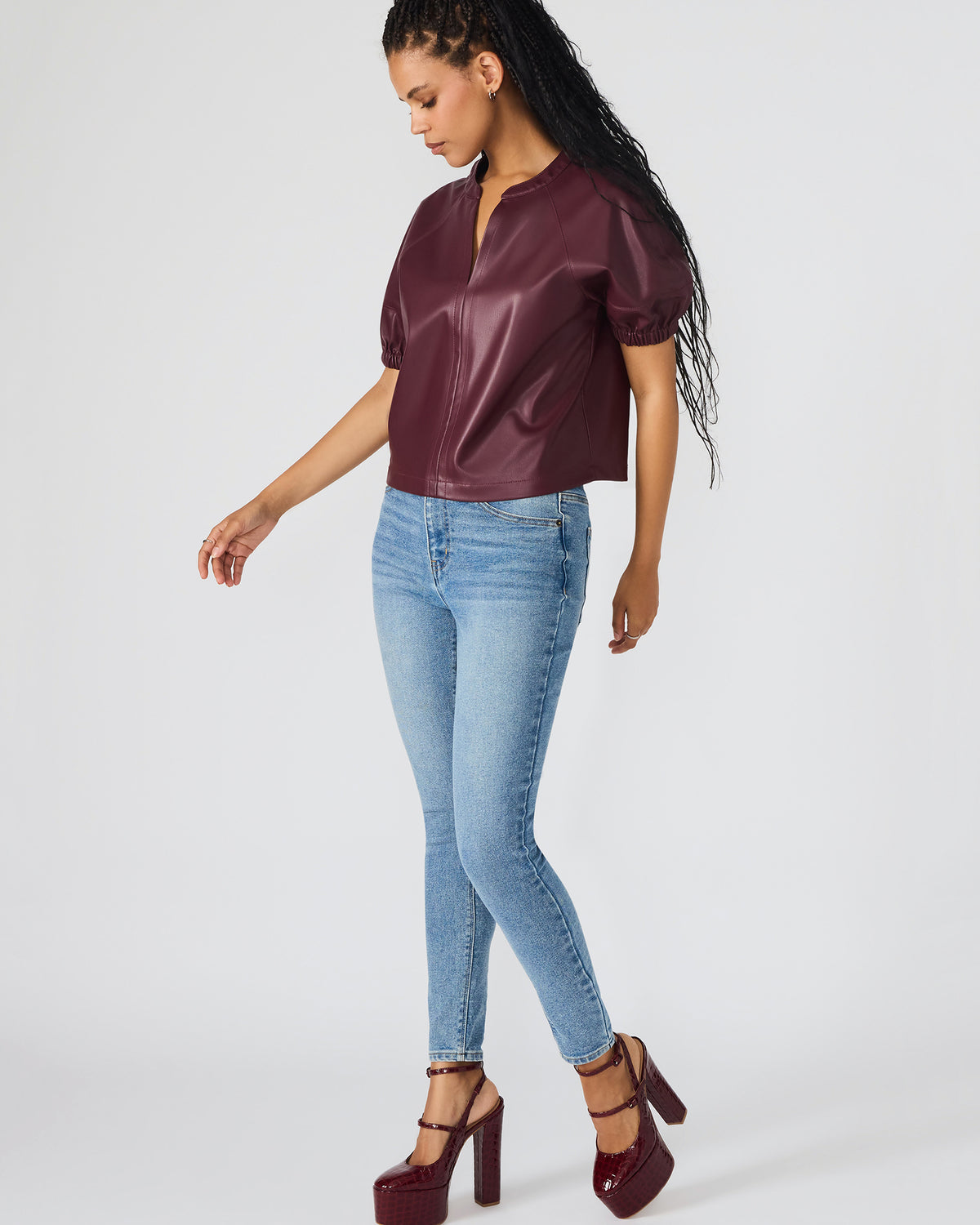 ROXANNE Wine Short-Sleeved Faux Leather Puff Sleeve Women's Top