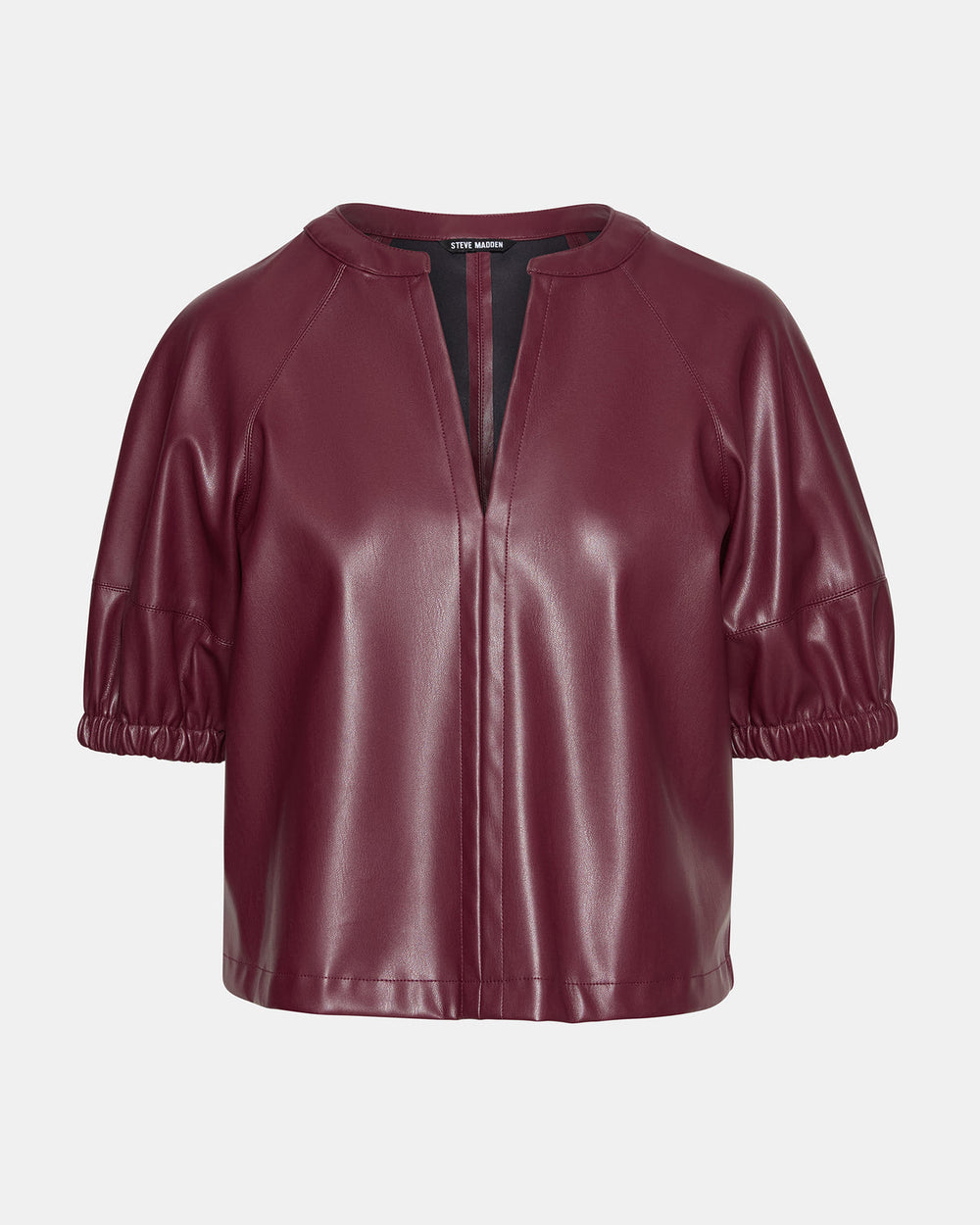 ROXANNE Wine Short-Sleeved Faux Leather Puff Sleeve Women's Top