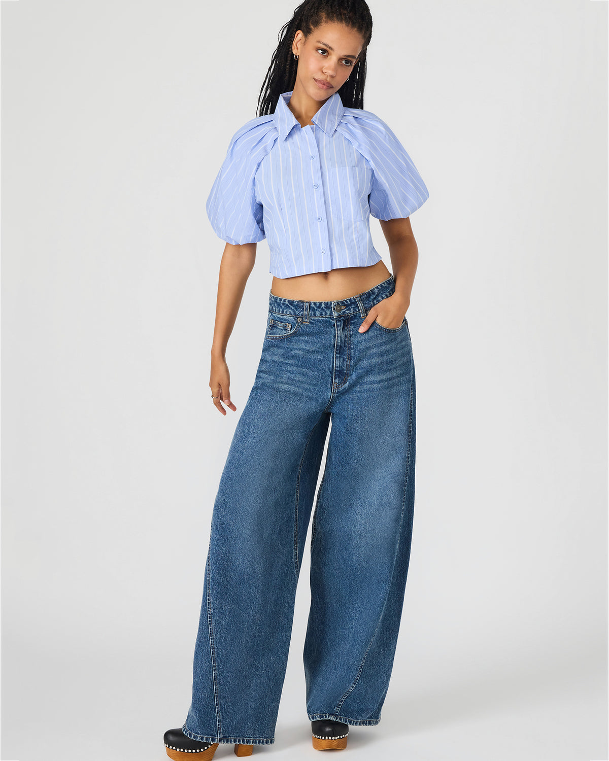 REECE Soft Blue Button-Up Collared Bubble Sleeve Women's Top
