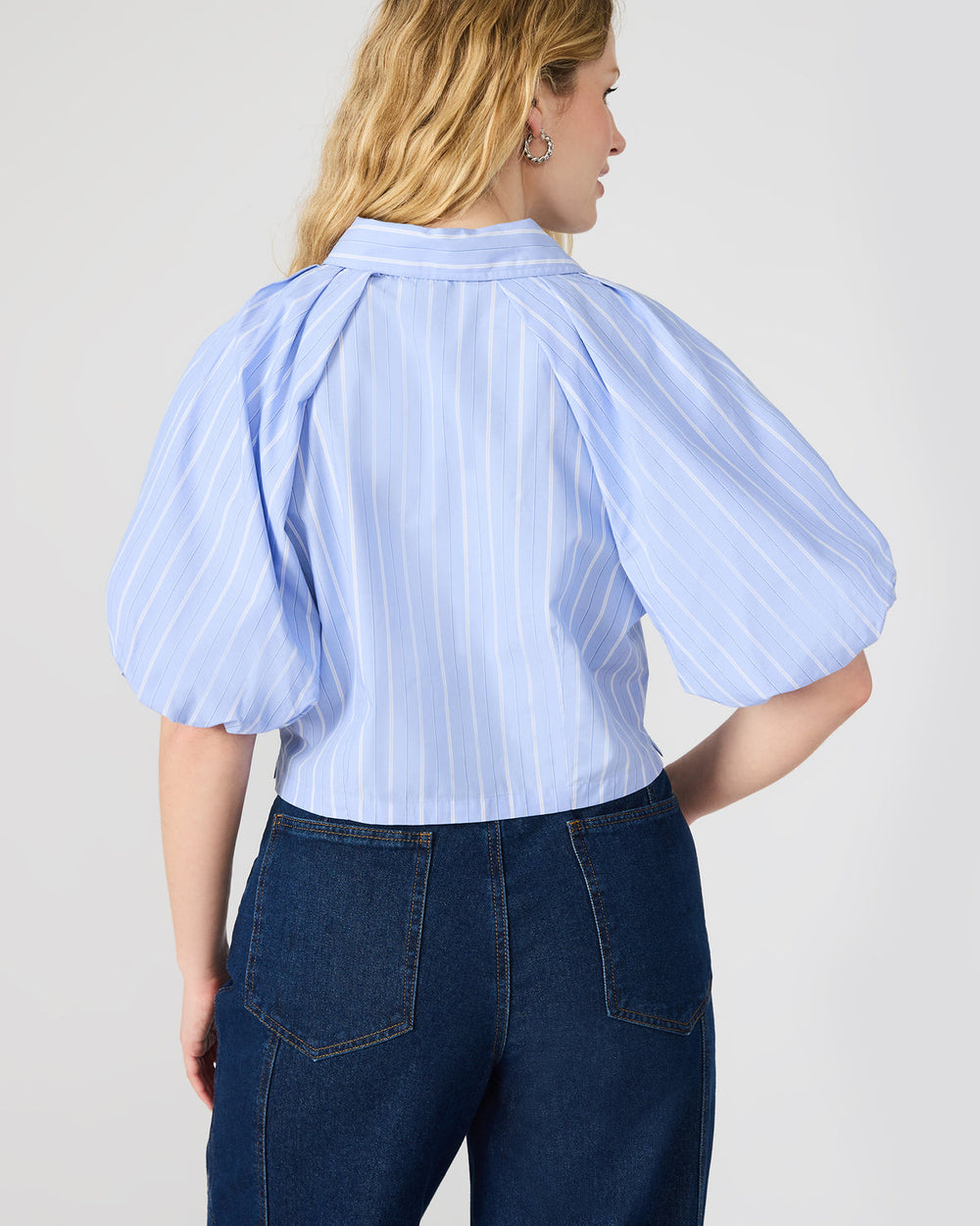 REECE Soft Blue Button-Up Collared Bubble Sleeve Women's Top